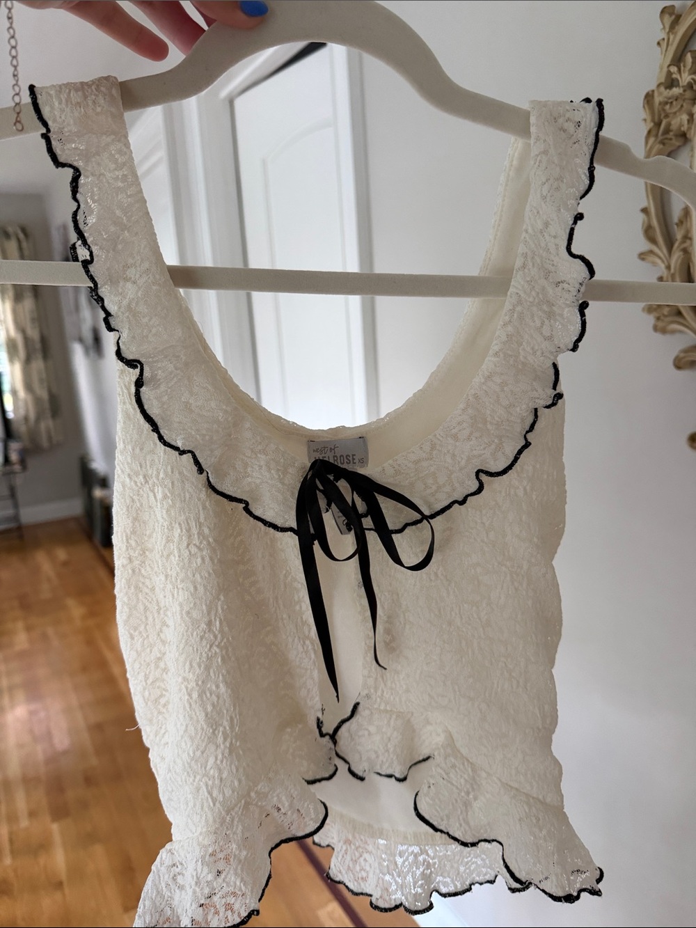 Textured Lace Ruffle Camisole with Black Trim - White
